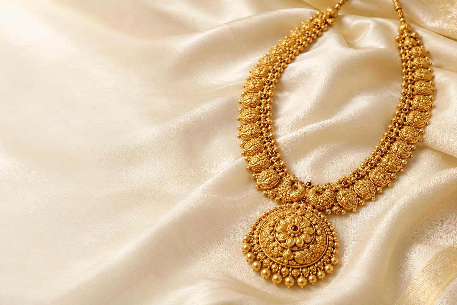 Traditional South Indian gold haram necklace with a floral pendant on ivory silk