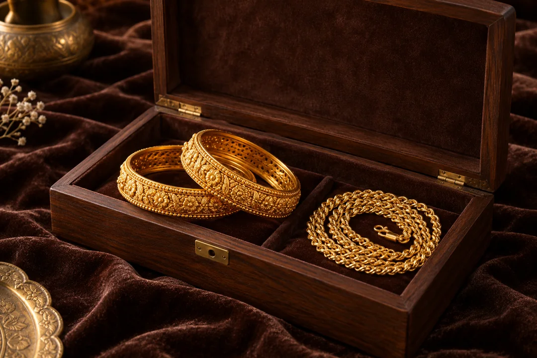 Gold bangles and a coiled chain inside an open walnut jewellery box